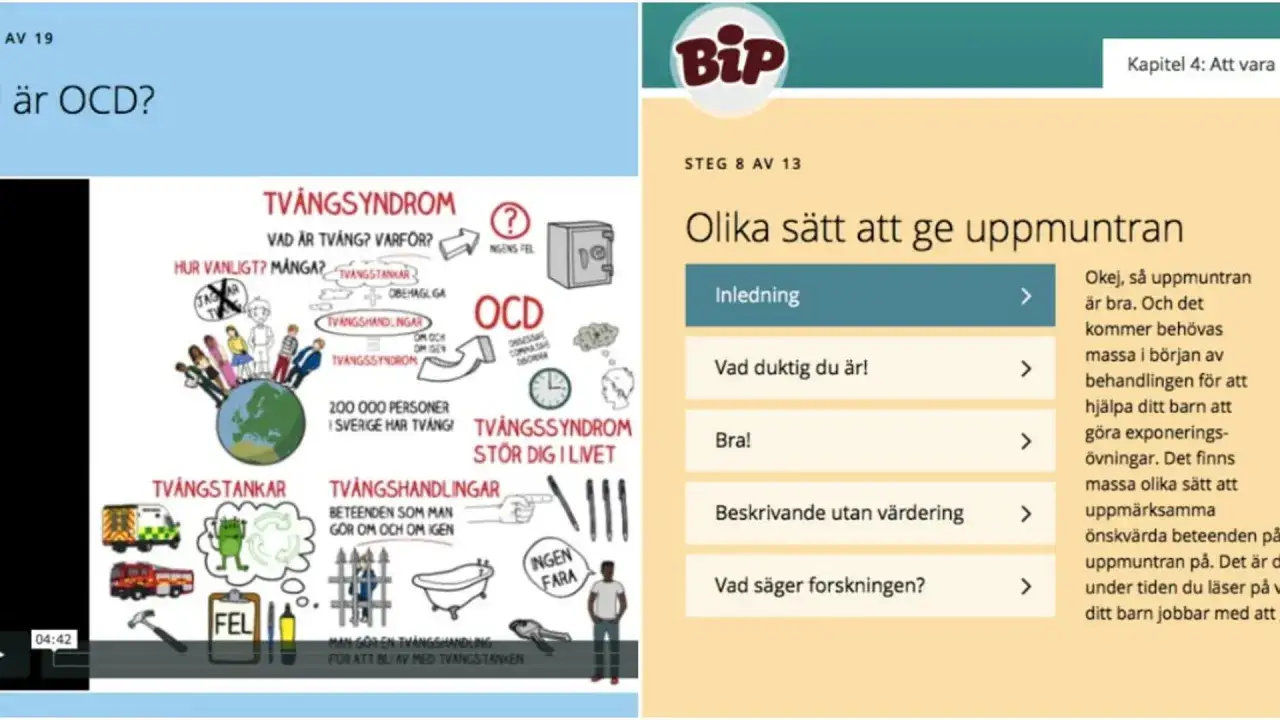 Bilden visar information om tvångssyndrom (OCD) och hur man ger uppmuntran. En illustration förklarar tvångstankar och tvångshandlingar.