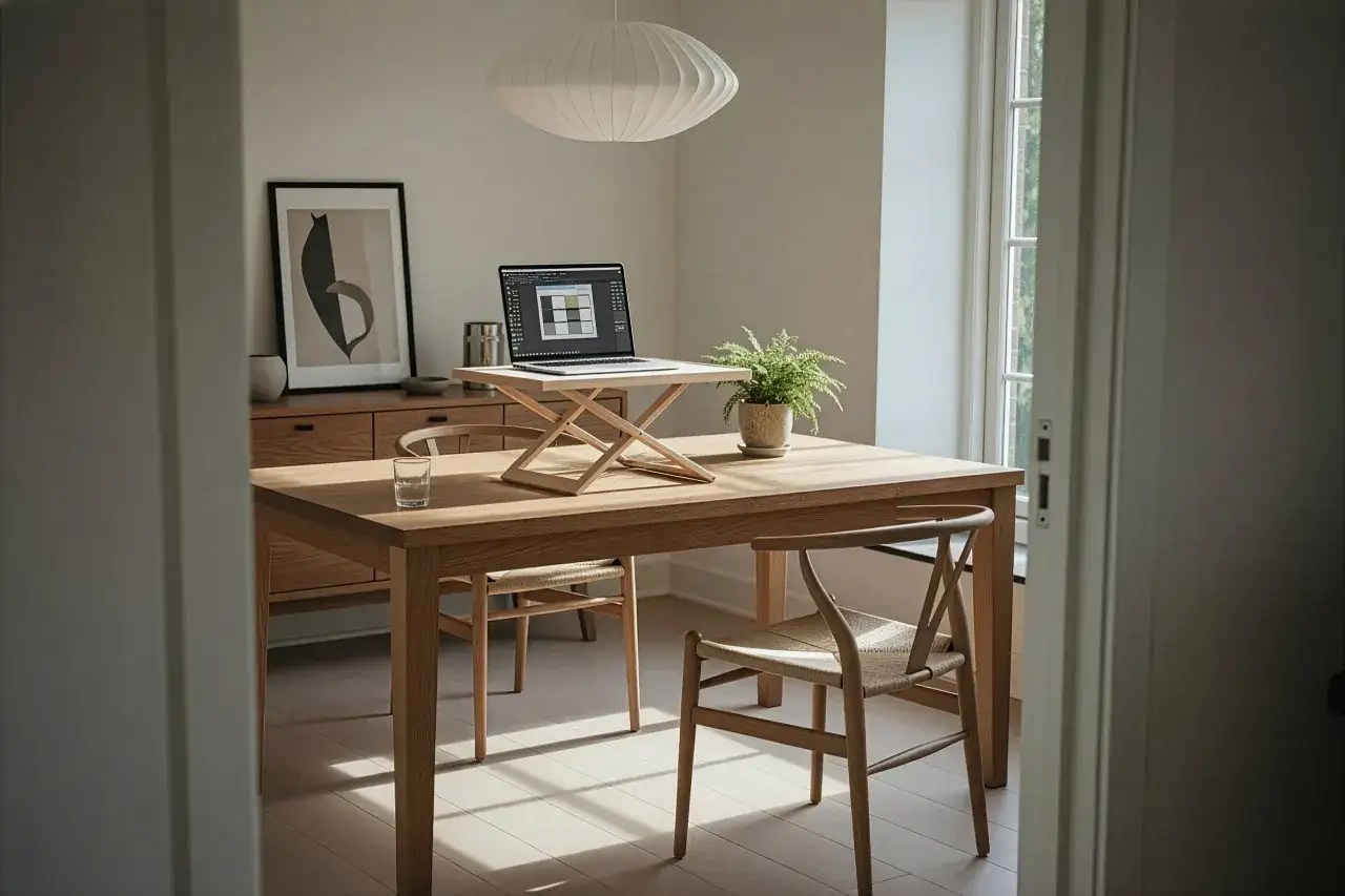Ett ljust och luftigt rum med ett träbord som fungerar som hemmakontor. En laptop står på ett laptopställ, bredvid en grön växt. Enkel och stilren hemmakontor inspiration.