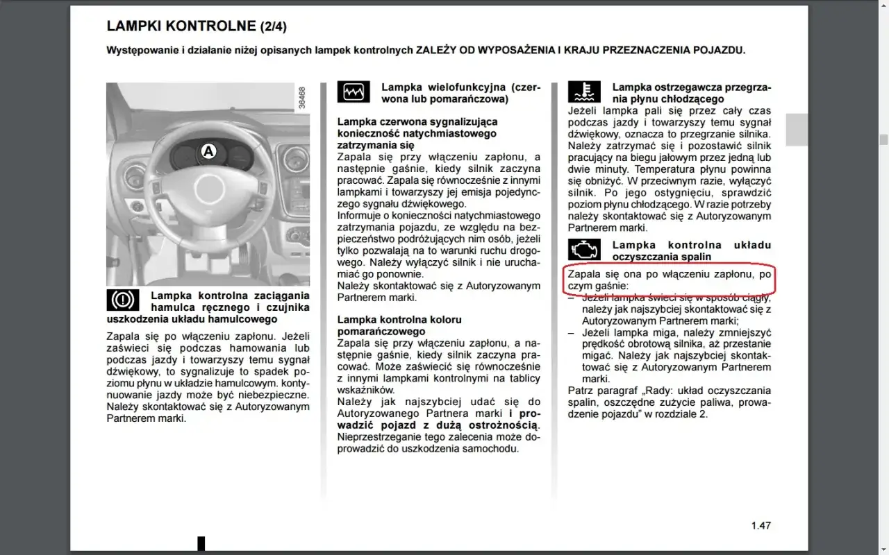 Kontrolki Dacia Dokker: lampka układu oczyszczania spalin zapala się po włączeniu zapłonu.