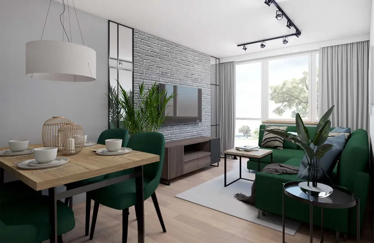 szary salon z butelkową zielenią akcenty