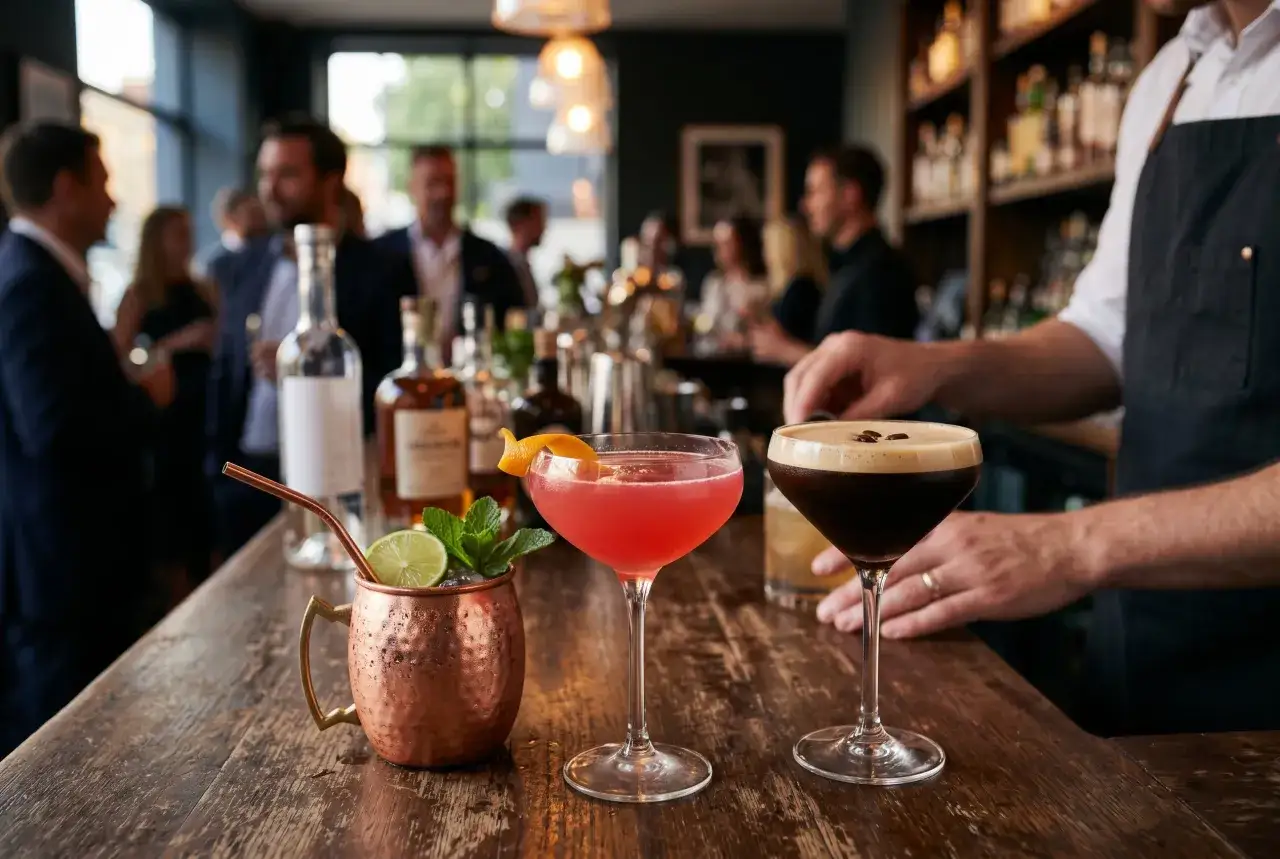 Zwei exquisite vodka cocktails, ein Moscow Mule und ein Espresso Martini, stehen bereit. Im Hintergrund eine belebte Bar.