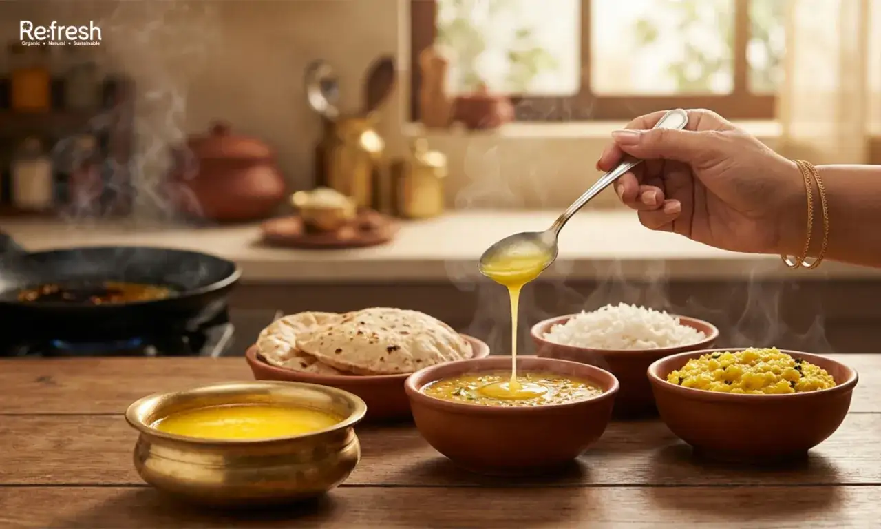 Eine Hand sch&ouml;pft mit einem L&ouml;ffel hei&szlig;es, goldenes Ghee &uuml;ber eine Sch&uuml;ssel mit Dal. Daneben Reis und Fladenbrot.