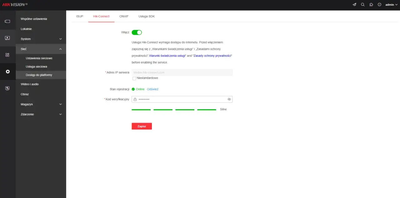 Ustawienia Hik-Connect: pole na adres IP serwera, stan rejestracji online i pole na wpisanie kodu weryfikacyjnego.
