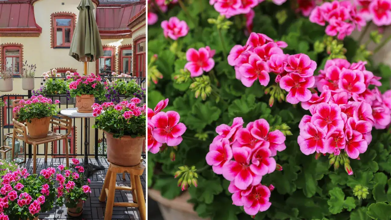 En balkong fylld med rosa blommor, kanske årets pelargon. En stol och ett bord skapar en mysig plats att njuta av.