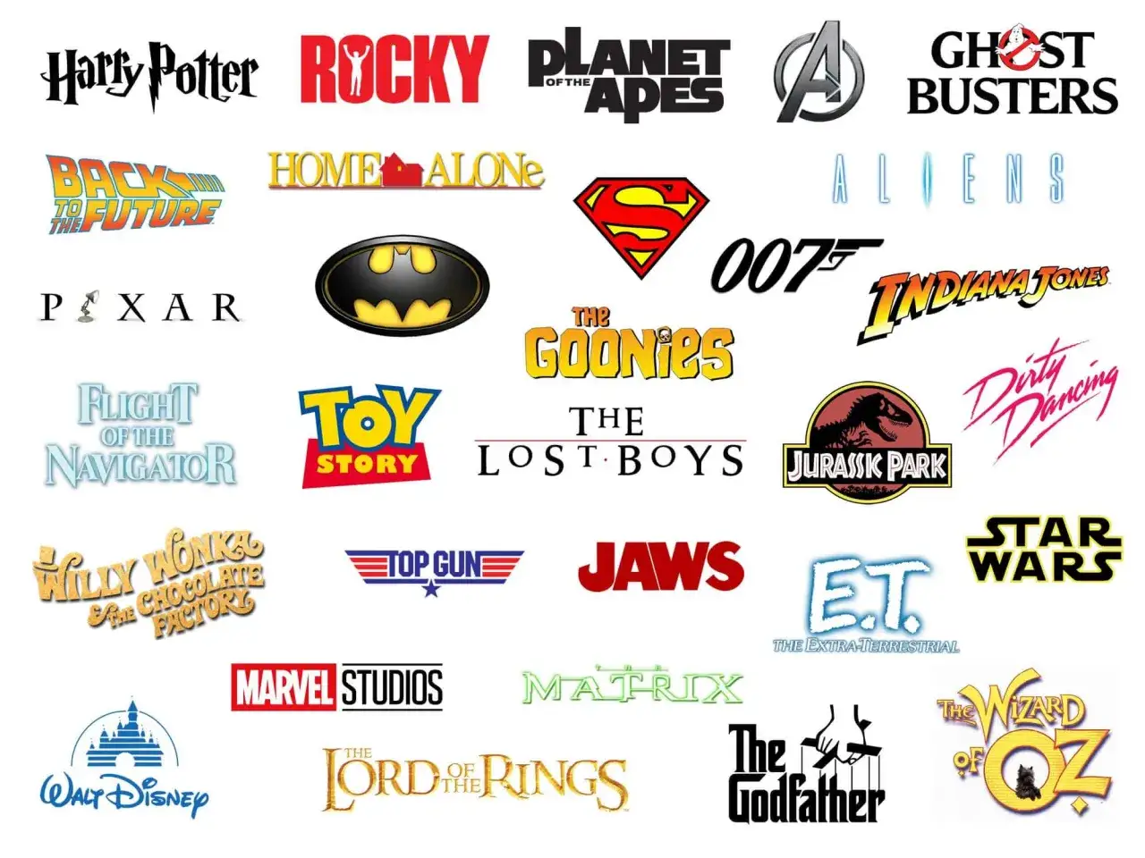 A collage of famous movie logos, including Harry Potter, Rocky, Star Wars, and The Godfather.