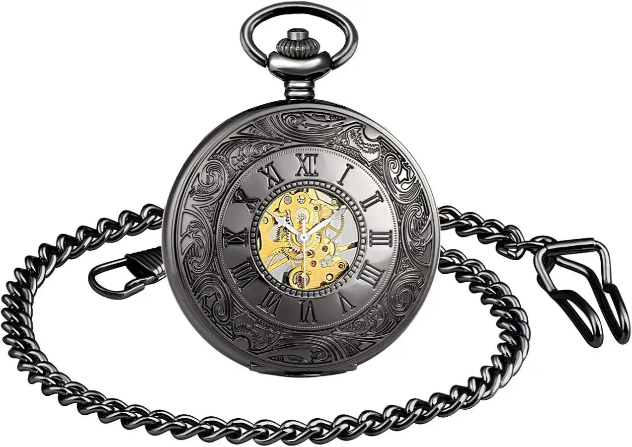 Reloj de bolsillo con cadena, esfera esquel&eacute;tica y n&uacute;meros romanos. Ideal para saber si un reloj es original por su detalle.
