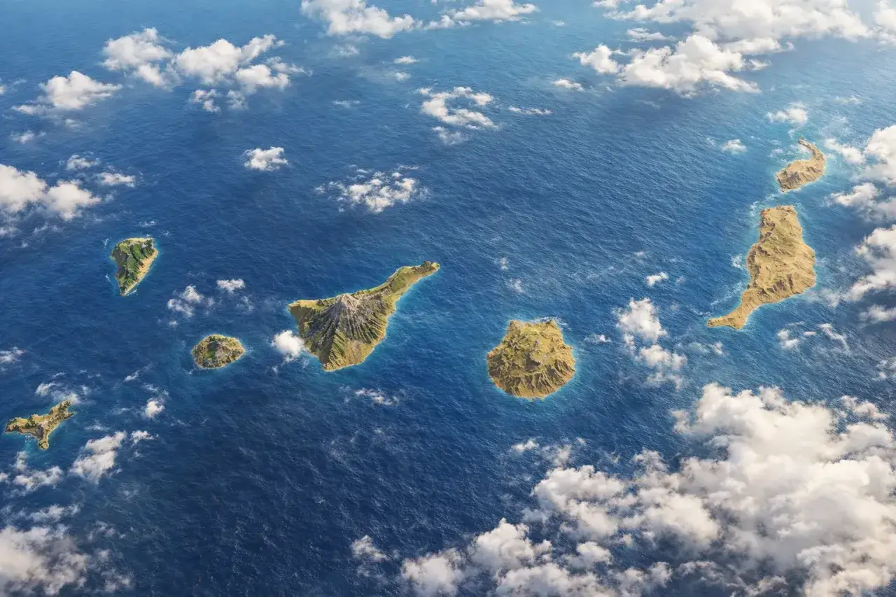 Wyspy Kanaryjskie z lotu ptaka: która to Teneryfa, a która Gran Canaria? Widać góry i ocean.