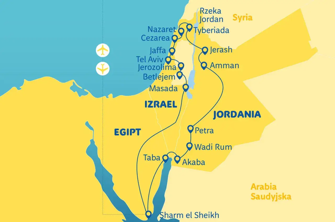 Mapa pokazuje, z czym graniczy Izrael: Egipt, Jordania, Syria. Widoczne też miejsca: Jerozolima, Tel Awiw, Petra.