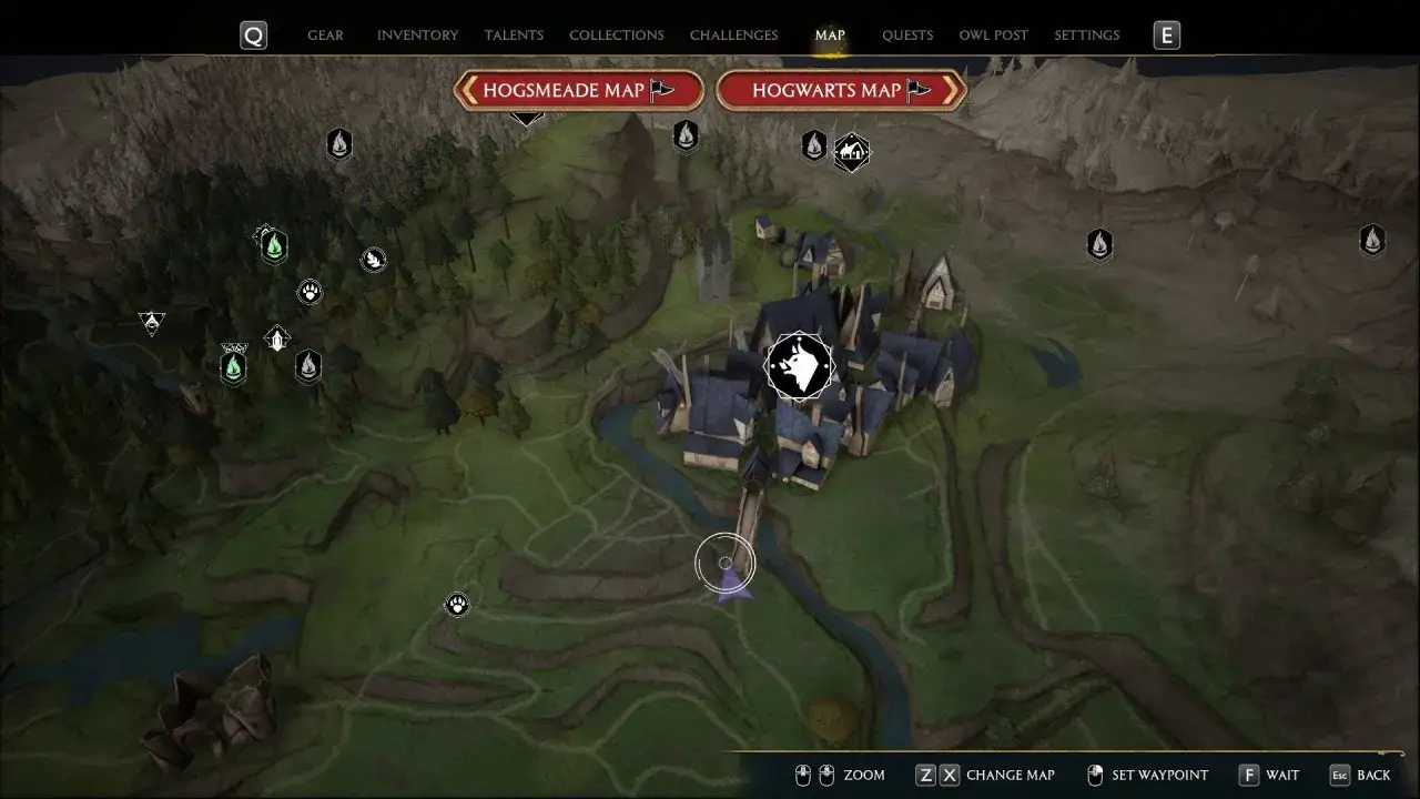 Mapa Hogsmeade z zaznaczonymi punktami. Widoczne ikony aktywności i budynki.
