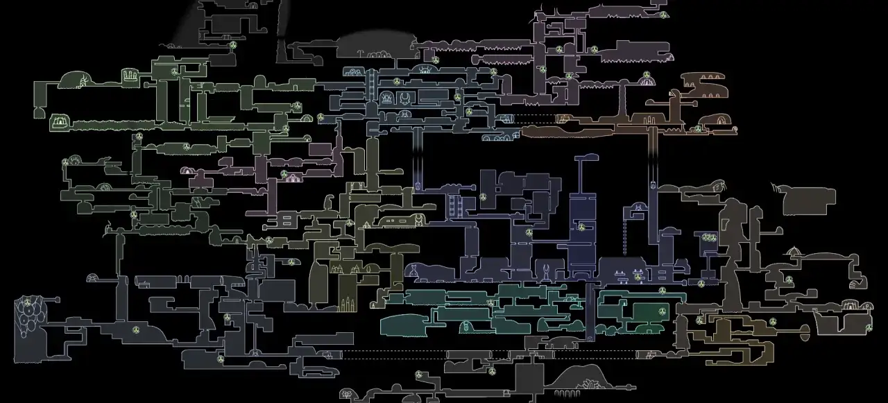 Mapa detallado de Hallownest, mostrando todas las áreas y caminos explorables. Aquí se encuentran todas las larvas Hollow Knight, esperando ser descubiertas.