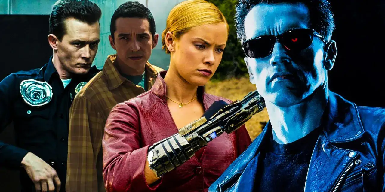 Terminator: Genisys. Arnold Schwarzenegger jako T-800, Emilia Clarke jako Sarah Connor, Jai Courtney jako Kyle Reese i Jason Clarke jako John Connor. Terminator obsada w akcji.