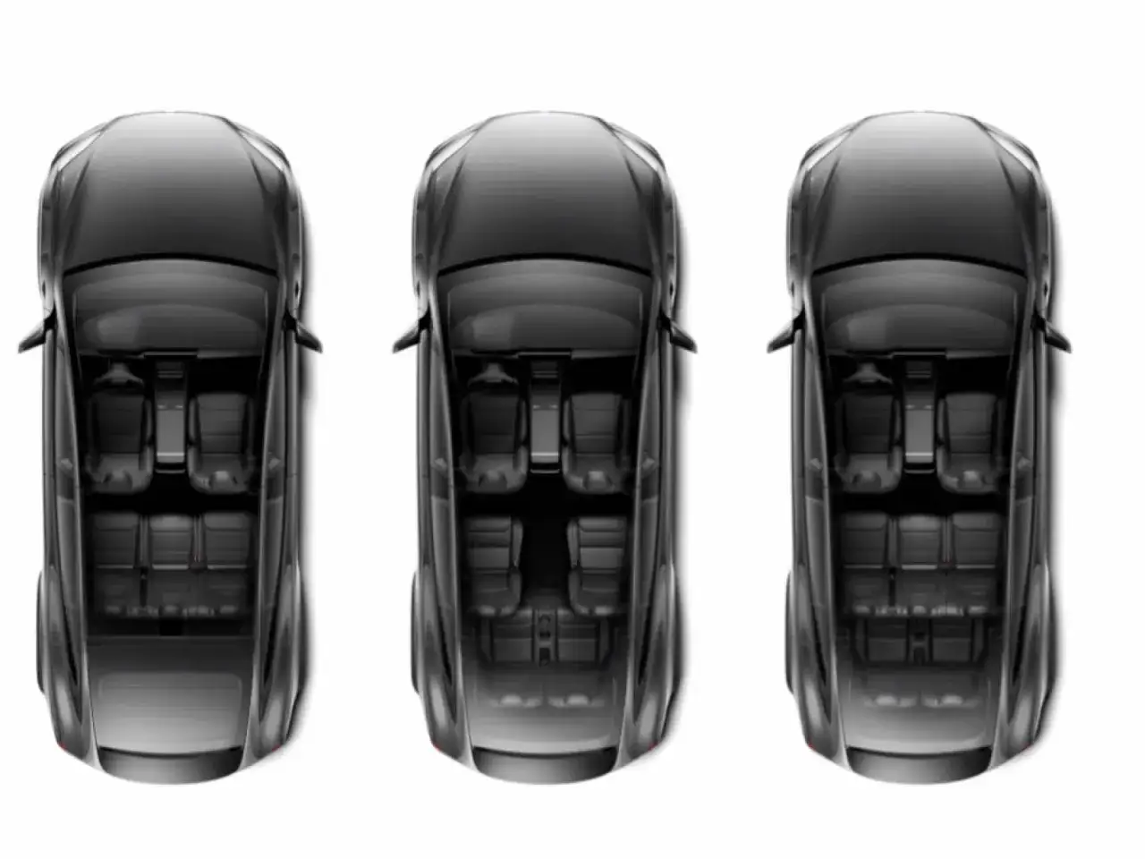 Widok z góry na trzy czarne samochody Tesla. Każdy z nich pokazuje wnętrze z trzema rzędami siedzeń, co sugeruje wersję tesla 7 osobowa.