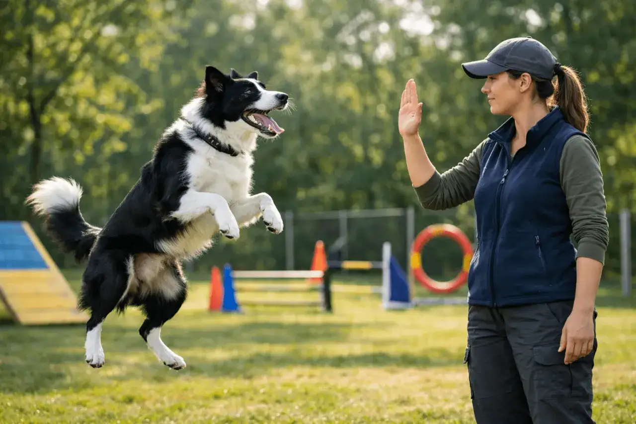Un border collie bondit joyeusement vers sa maîtresse qui lui donne une tape de la main. L'éducation canine est une belle aventure.