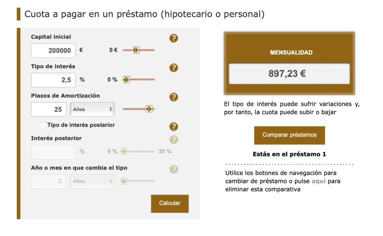 Calculadora de préstamos con campos para capital, interés y plazos. Muestra una mensualidad de 897,23 €. Las younited opiniones sobre la flexibilidad son positivas.