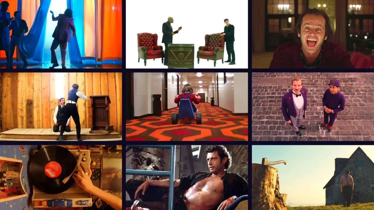 Plan średni: scena z filmu z Jackiem Nicholsonem, dziecko na trójkołowcu w hotelowym korytarzu, Jeff Goldblum, młodzi ludzie w strojach hotelowych.