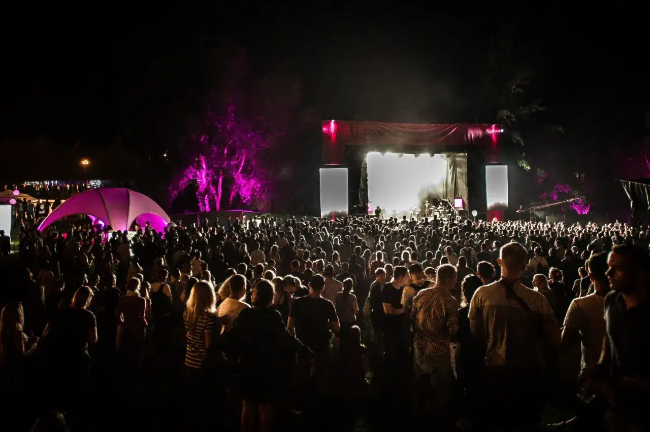Tłumy ludzi na jednym z **festiwali muzycznych w Polsce**. Scena oświetlona, w tle fioletowe drzewa.