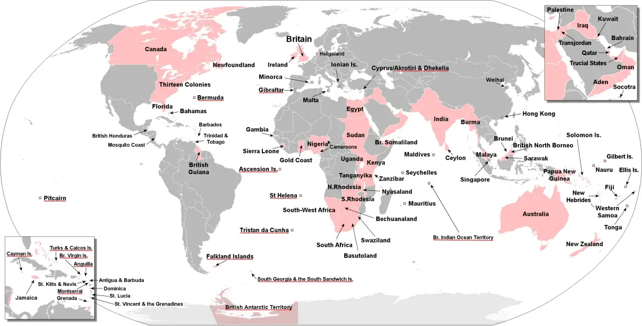 Mapa świata z zaznaczonymi terytoriami Imperium Brytyjskiego. Zastanawiasz się, ile mieszkańc&oacute;w ma Wielka Brytania? Mapa pokazuje jej rozległe wpływy.