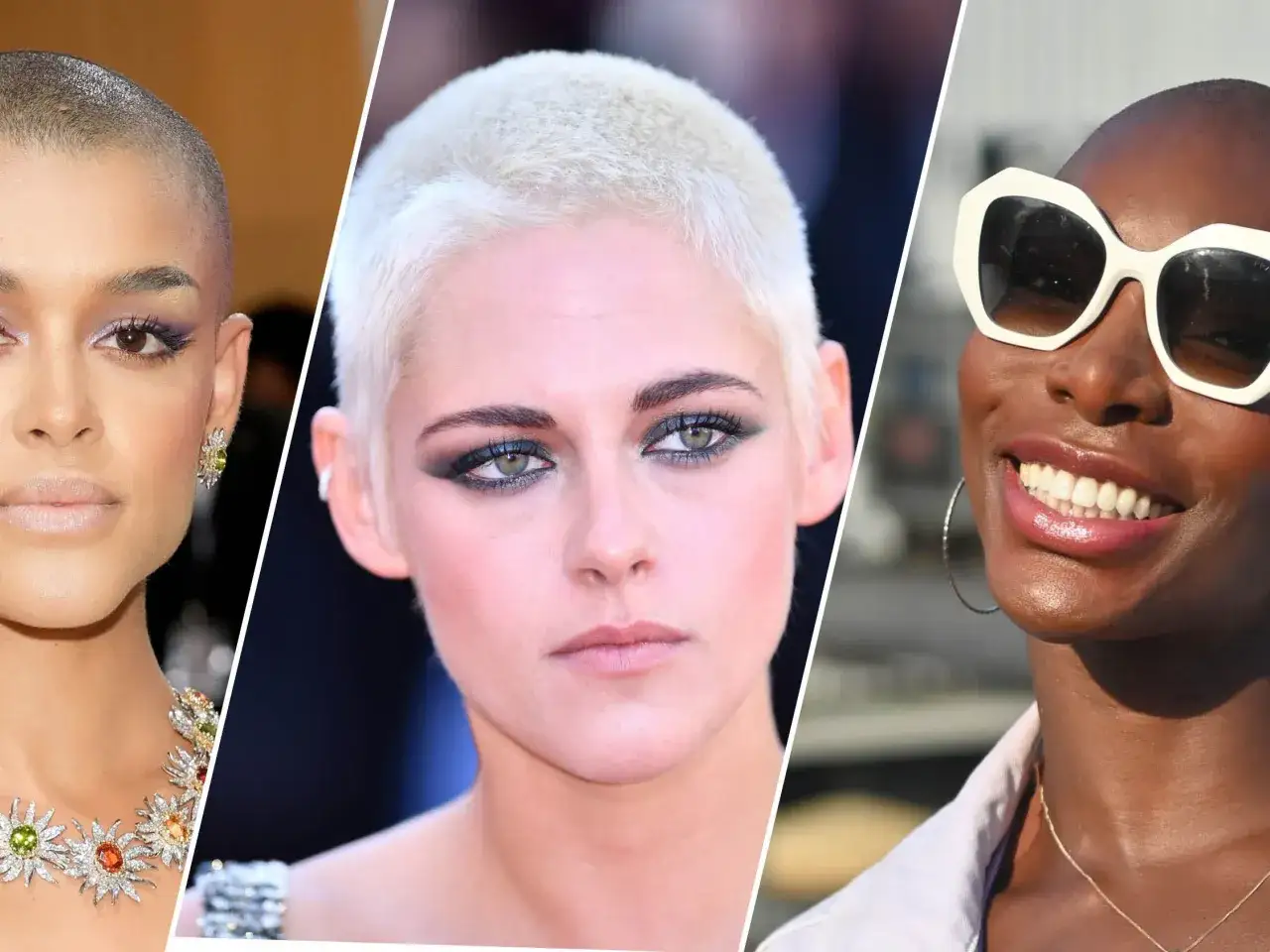 Trzy kobiety z krótkimi fryzurami: jedna z buzz cut blond, druga z ciemną skórą i okularami, trzecia z fioletowym makijażem.