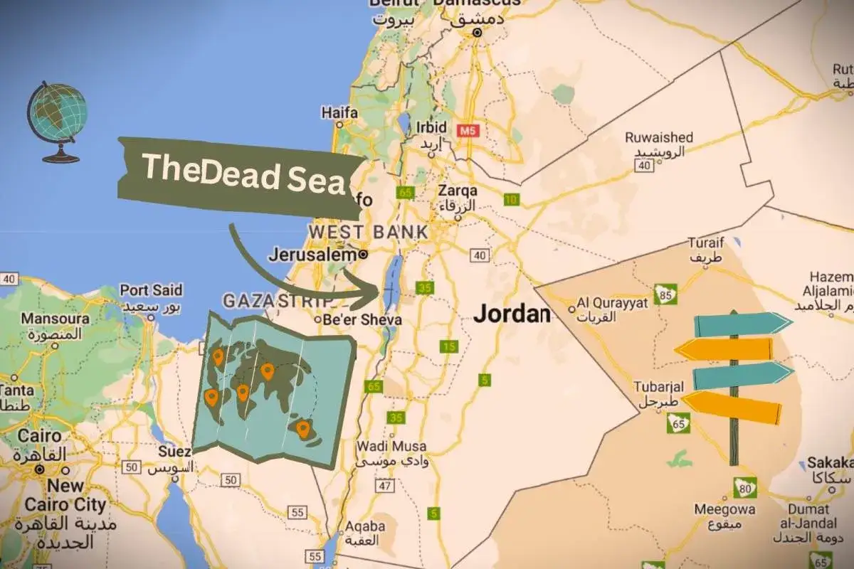 Mapa pokazuje, gdzie jest Morze Martwe, między Izraelem a Jordanią. Widać też Kair, Jerozolimę i Akabę.