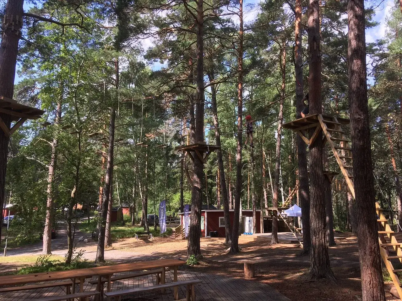 Äventyrsbana i skogen, perfekt för en dag på Waxholms camping. Klättring och balansgång bland träden.