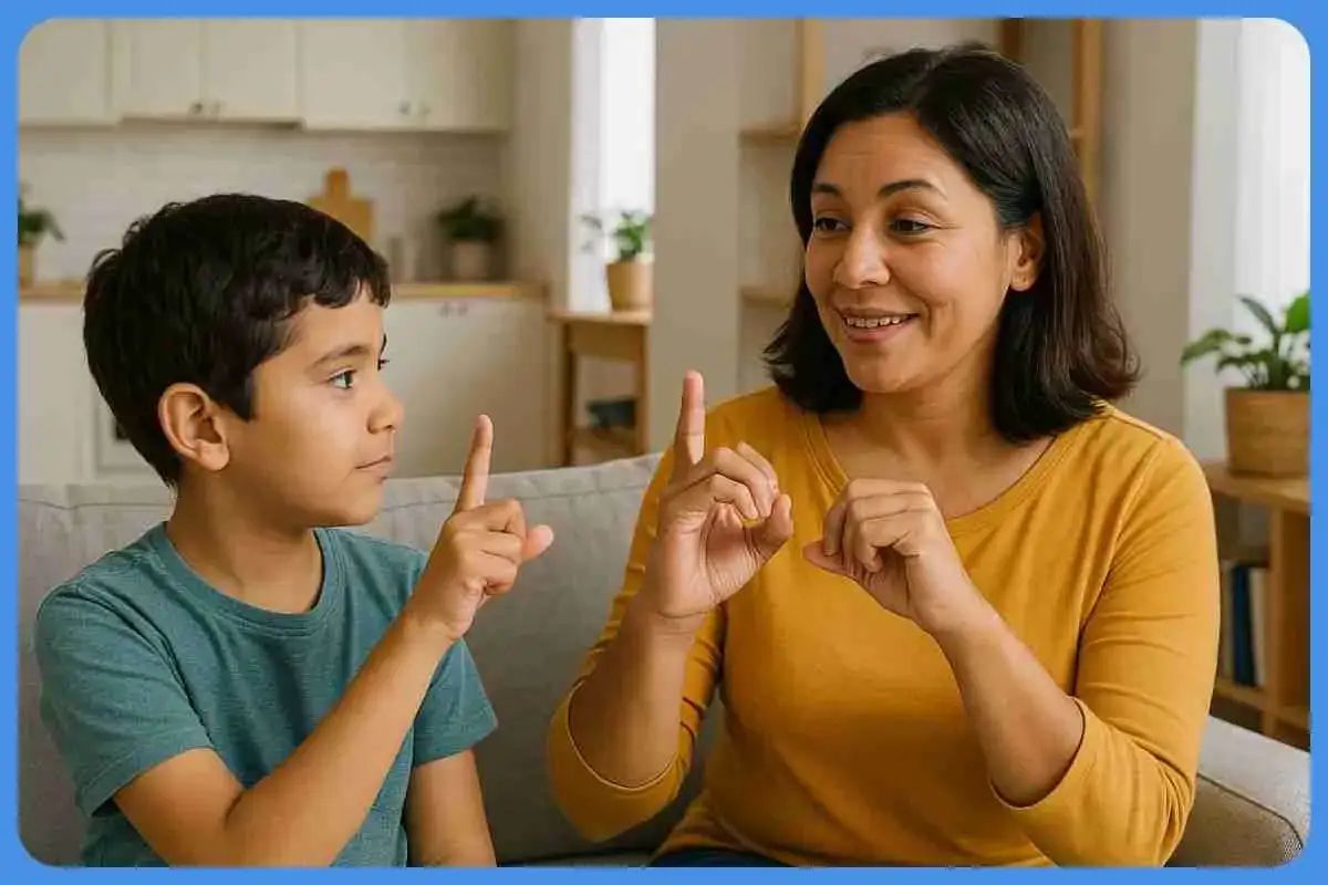 Madre e hijo practican lenguaje bimodal en casa, comunicándose con gestos y expresiones faciales.
