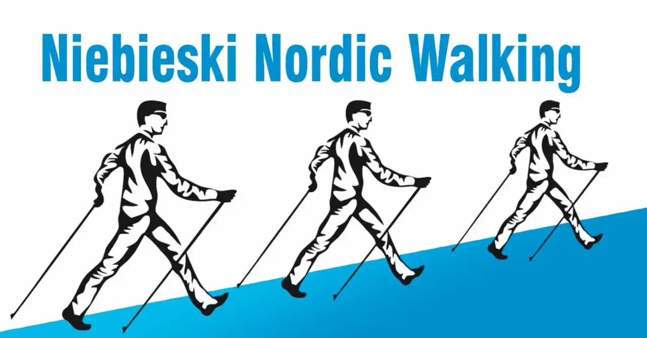 Trzech mężczyzn w okularach przeciwsłonecznych uprawia nordic walking. Napis
