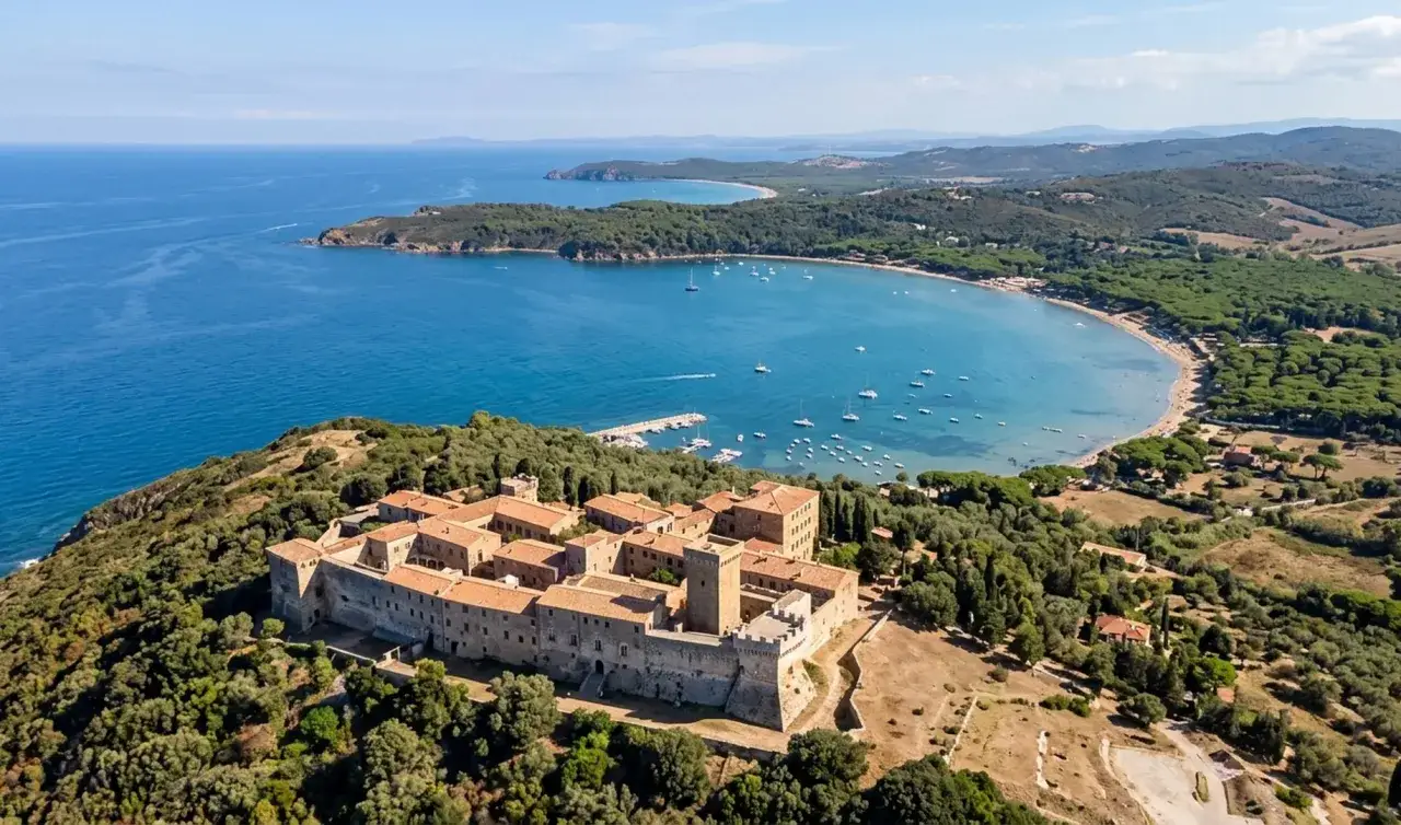 Fortezza del Poggio, una delle cose da vedere nel Val di Cornia, domina una baia con acque azzurre e una spiaggia dorata.