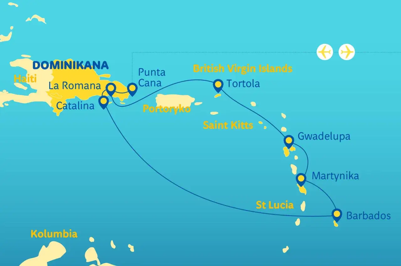 Mapa Karaibów z zaznaczonymi trasami lotniczymi. Zastanawiasz się, ile leci samolot na Dominikanę? Trasa wiedzie przez Haiti, Portoryko, Tortolę, Saint Kitts, Gwadelupę, Martynikę, St. Lucię i Barbados.