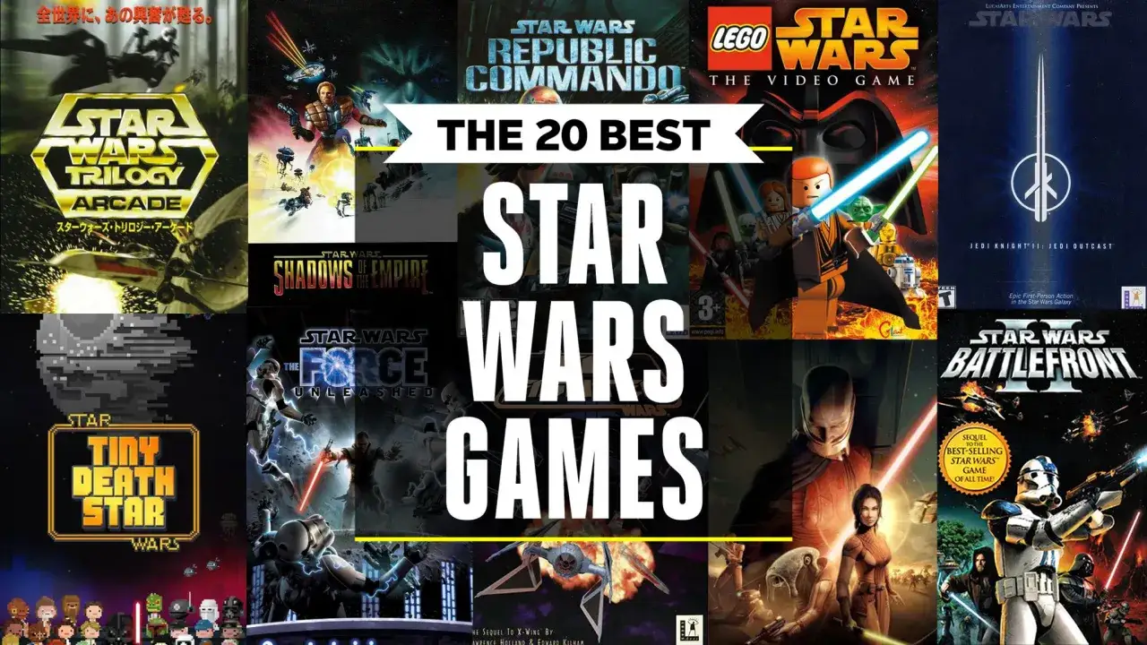 Una colección de portadas de videojuegos de Star Wars, mostrando la diversidad de los juegos de Star Wars, desde acción hasta estrategia.