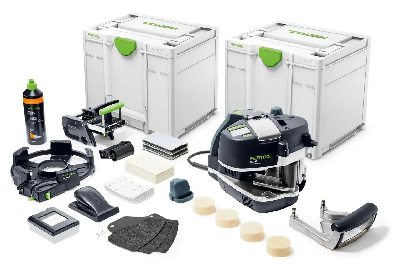 Ensemble d'une plaqueuse de chant Festool occasion, incluant la machine KA 65, des Systainers, et divers accessoires pour un travail de précision.