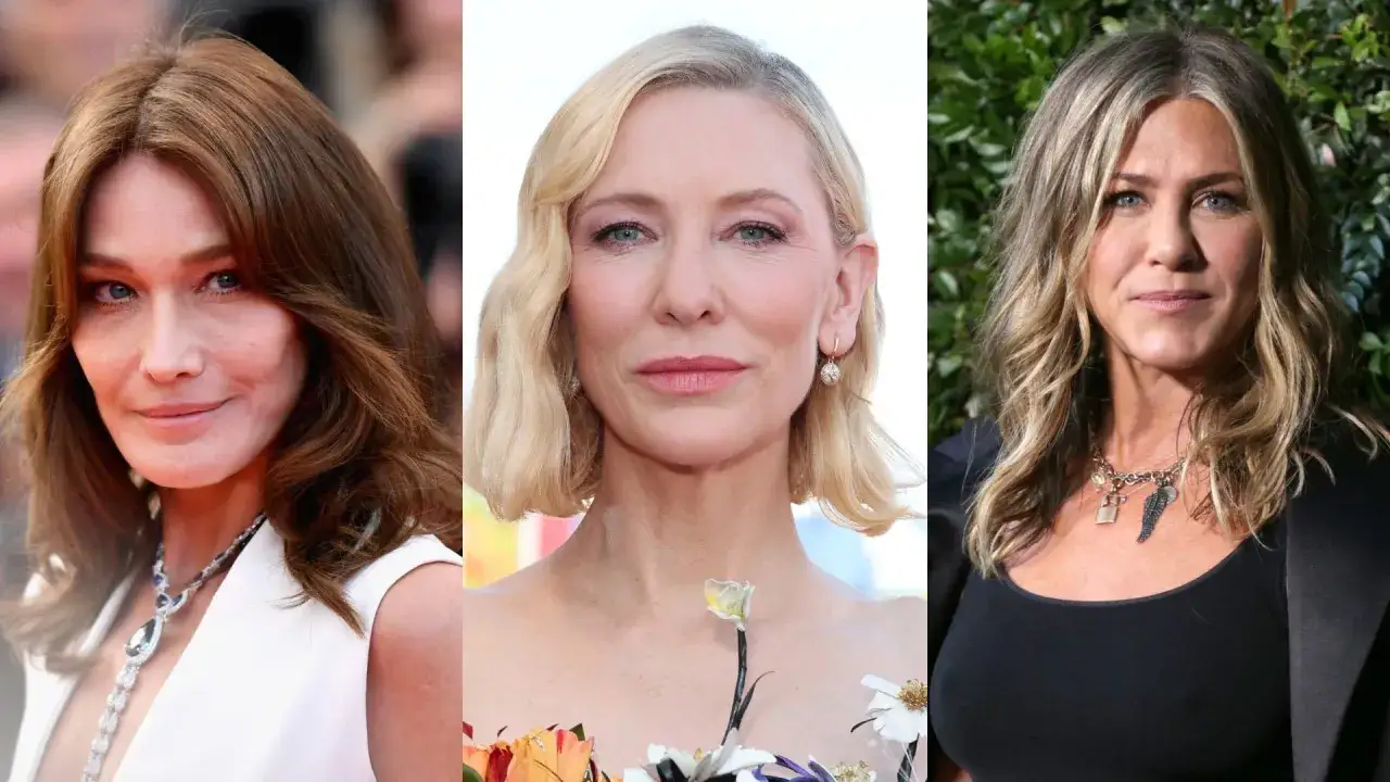 Carla Bruni, Cate Blanchett e Jennifer Aniston: ispirazioni per un taglio capelli over 50 viso lungo.
