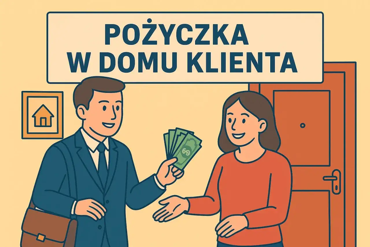 Eurocent pożyczki do domu: mężczyzna w garniturze wręcza kobiecie pieniądze przed drzwiami.