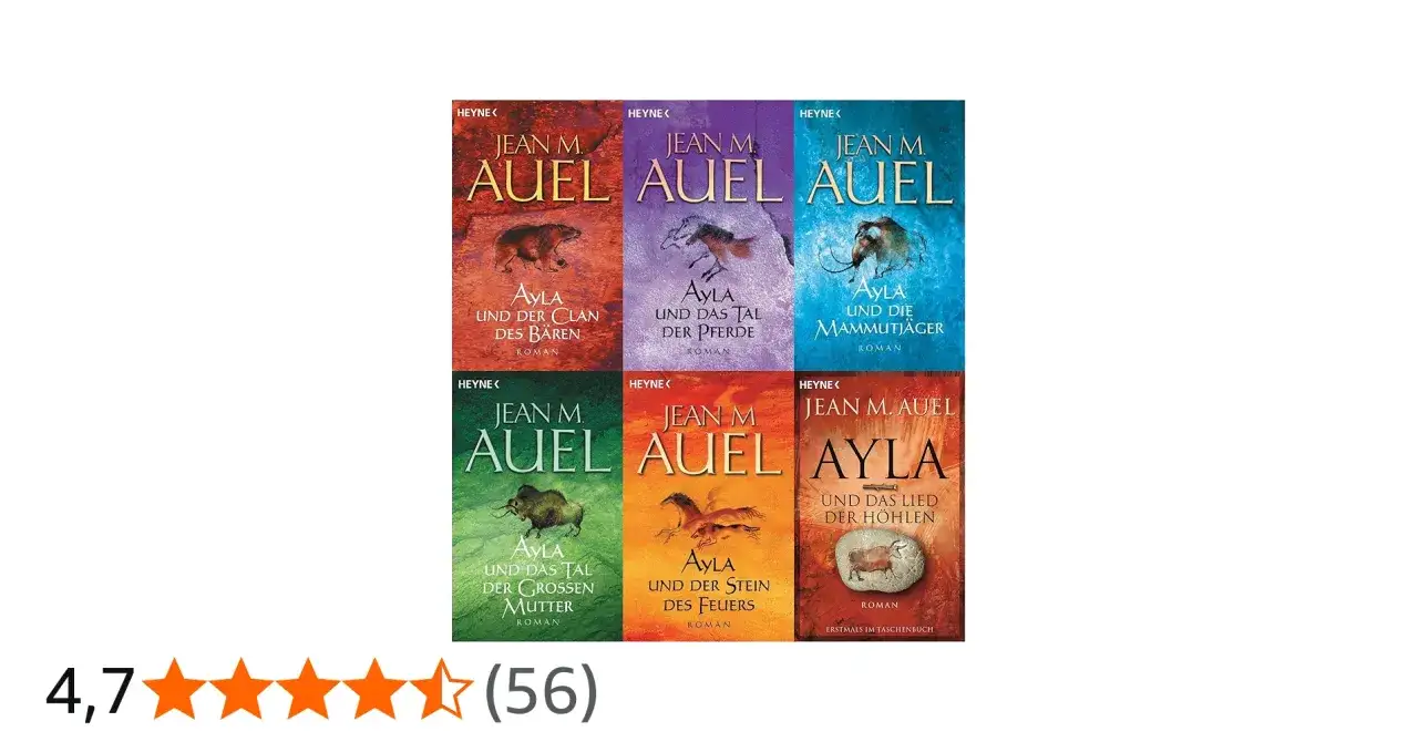 Jean M. Auel: Die komplette Ayla-Saga, Band 7. Sechs Buchcover der Reihe mit prähistorischen Motiven.