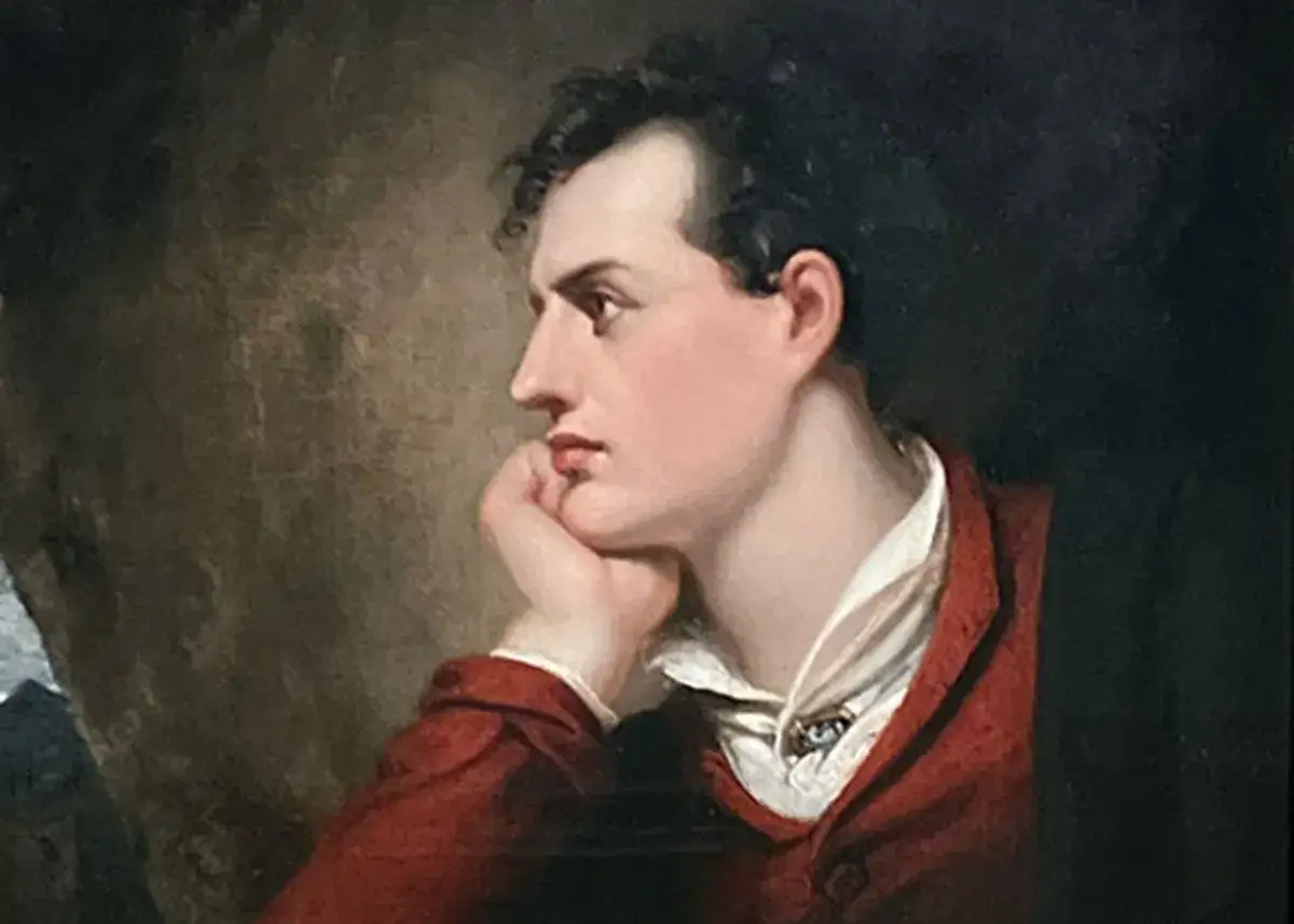 Portr&auml;tt av Lord Byron, en ber&ouml;md poet vars lord byron dikt inspirerade generationer. Hans tankfulla blick och r&ouml;da jacka f&aring;ngar essensen av romantiken.