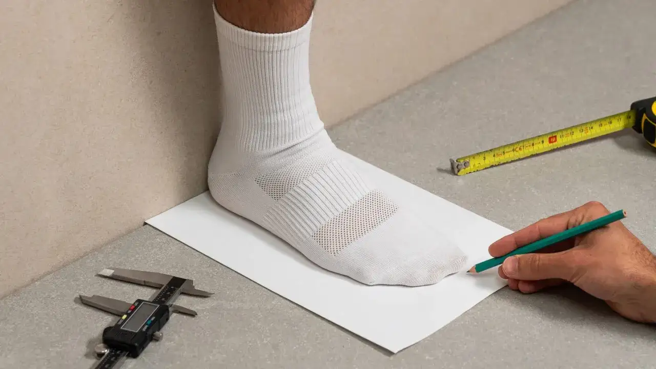 Misurazione del piede per determinare il numero scarpa. Un calibro digitale e un metro a nastro sono visibili, insieme a una mano che traccia il contorno del piede.