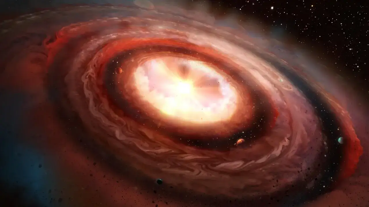 Wirująca mgławica z młodymi planetami, gdzie rodzą się nowe światy.
