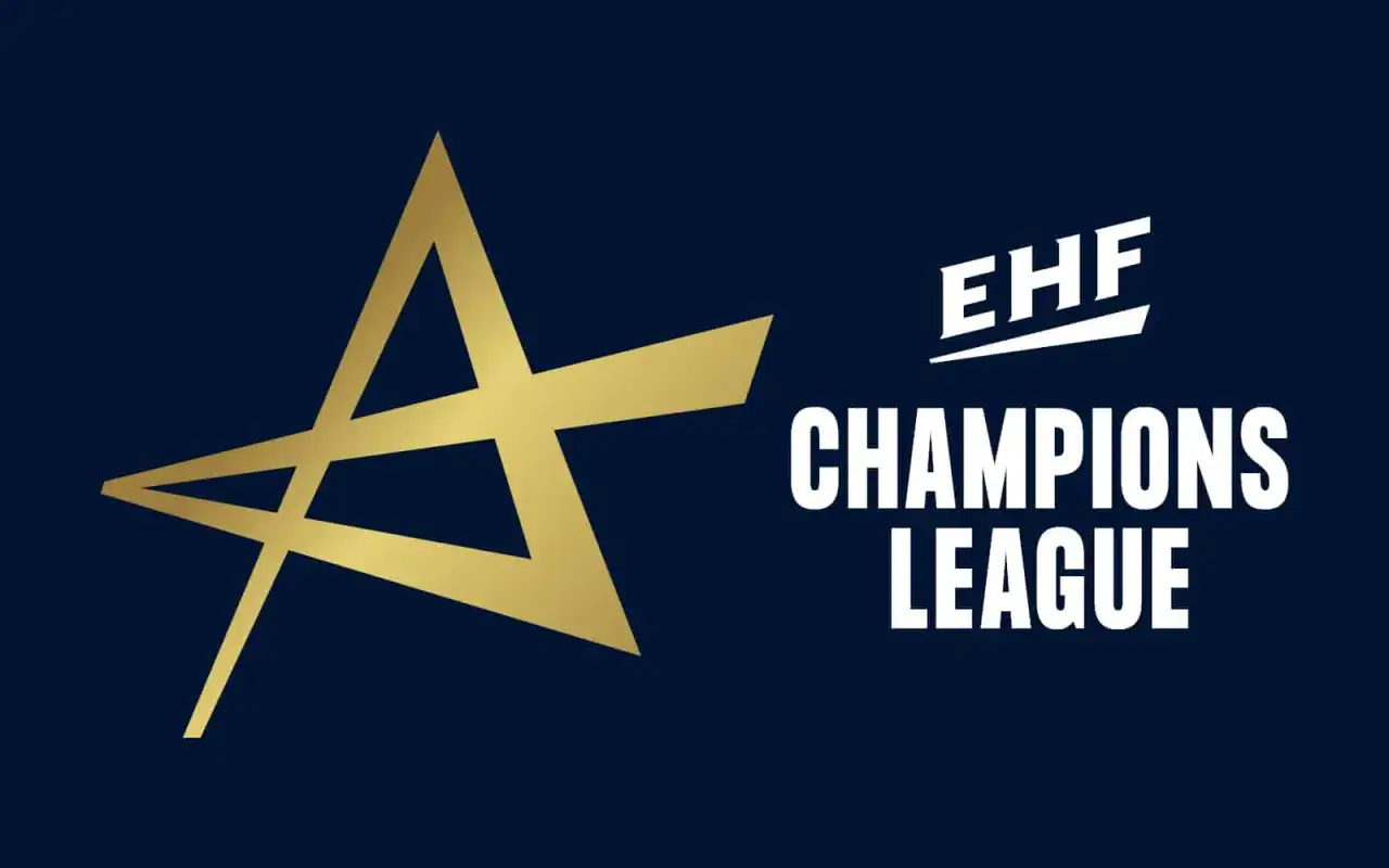 Złota gwiazda i biały napis EHF CHAMPIONS LEAGUE na granatowym tle. Symbolizuje prestiżową liga mistrzów w piłce ręcznej mężczyzn.