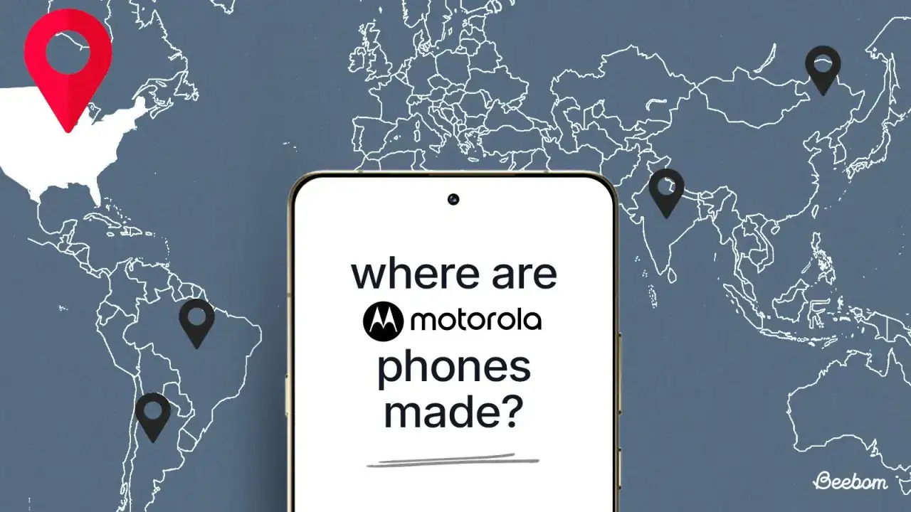 Mapa świata z zaznaczonymi lokalizacjami produkcji telefonów Motorola. Kraj pochodzenia marki to USA, ale produkcja odbywa się globalnie.