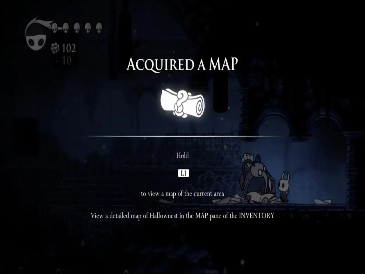 El Caballero adquiere un mapa en Hollow Knight. El platino se acerca a la victoria.