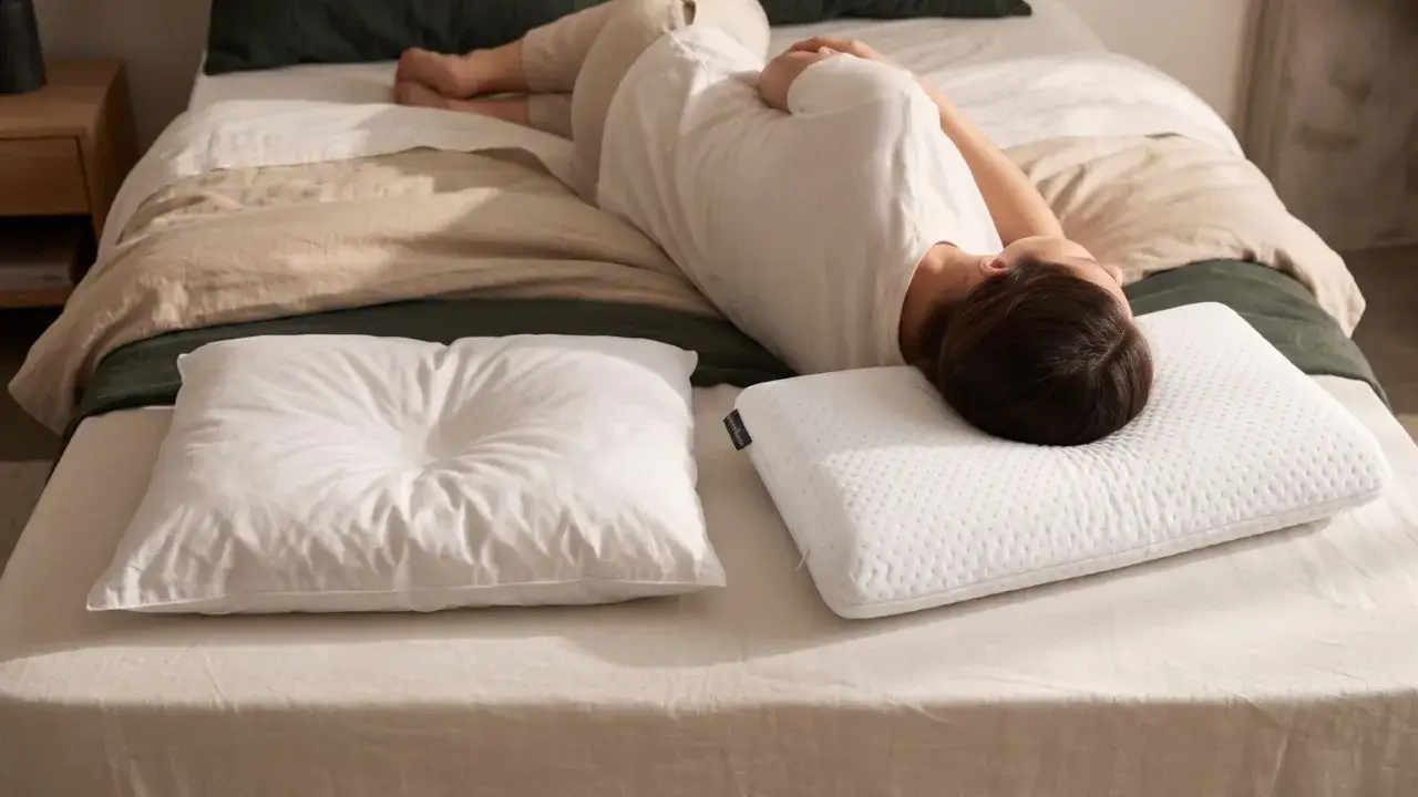 Person liegt auf dem Bett, umgeben von Kissen. So schlafen die arme nachts ein.