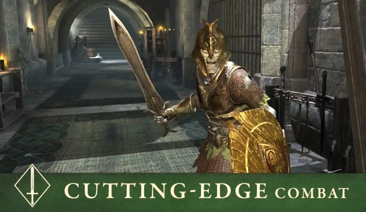 Un guerrero esquelético con armadura dorada empuña una espada en The Elder Scrolls: Blades.