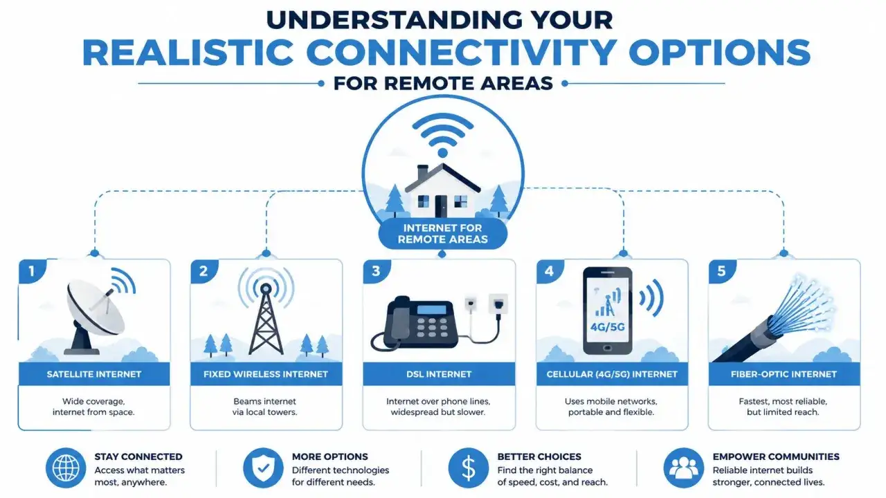 Options d'offre internet sans box pour zones rurales : satellite, sans fil fixe, DSL, cellulaire 4G/5G, fibre optique.