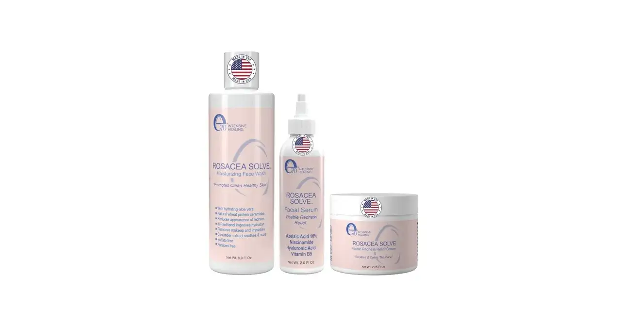 Rosacea Solve Produkte: Gesichtswaschung, Serum & Creme. Warum kein Hyaluron bei Rosacea? Dieses Set setzt auf Azelains&auml;ure, Niacinamid & Vitamin B5.