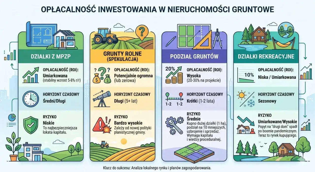 Jak inwestować w nieruchomości gruntowe? Poradnik: działki z MPZP (niski ROI, średni/długi horyzont), grunty rolne (potencjalnie ogromny ROI, długi horyzont), podział gruntów (wysoki ROI, krótki horyzont), działki rekreacyjne (niski/umiarkowany ROI, se...