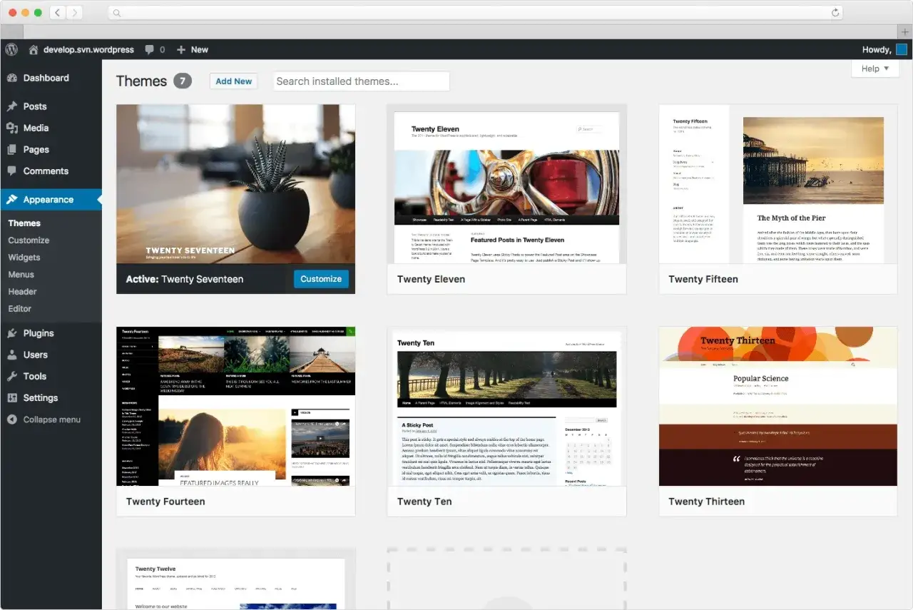 Interface WordPress pour choisir un thème. Le thème actif