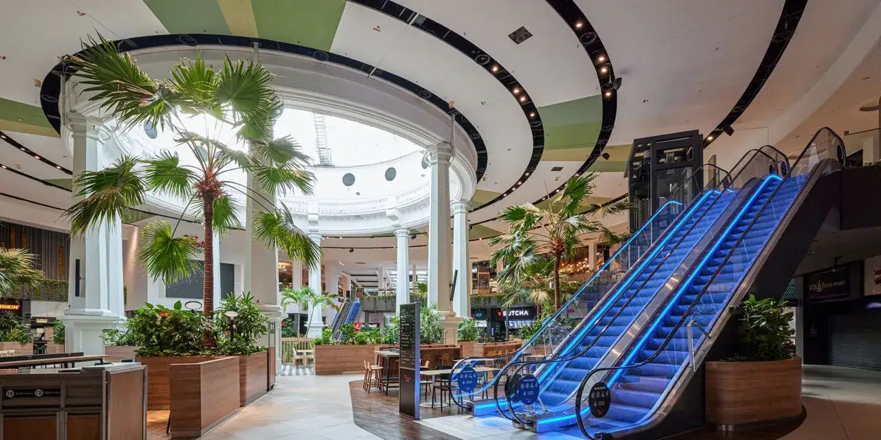 Helle, moderne Rolltreppen mit blauer Beleuchtung im Westfield Centro, umgeben von Palmen und Sitzbereichen.