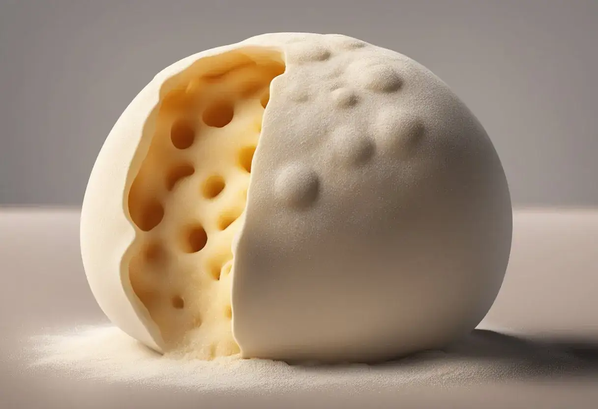 Eine Kugel aus hellem Teig, die wie ein aufgegangener pizzateig konsistenz aussieht, mit sichtbaren Luftblasen im Inneren.