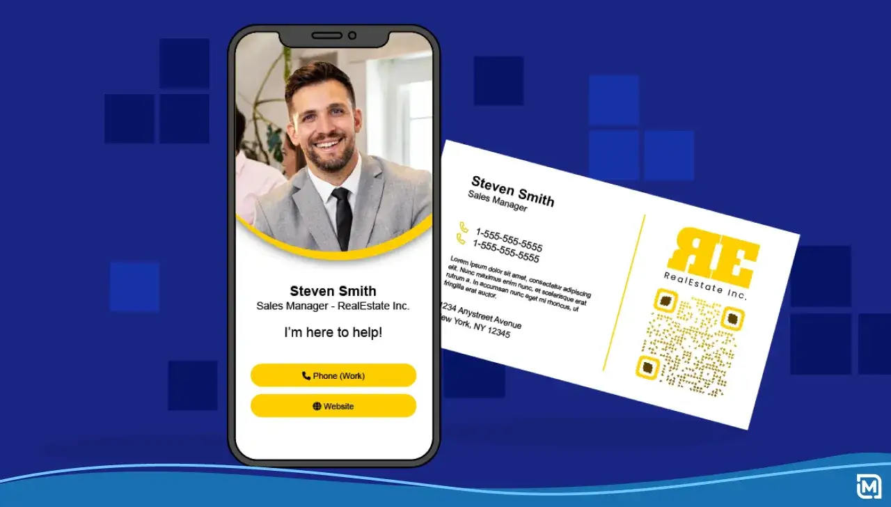 Digital business card examples for Steven Smith, Sales Manager at RealEstate Inc., featuring his photo, contact info, and QR code.