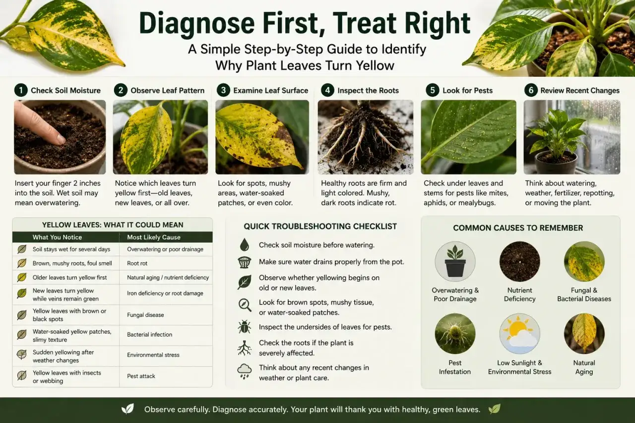Guide pour savoir que faire quand les feuilles jaunissent : vérifiez l'humidité du sol, le motif du jaunissement, les taches, les racines, les parasites et les changements récents.