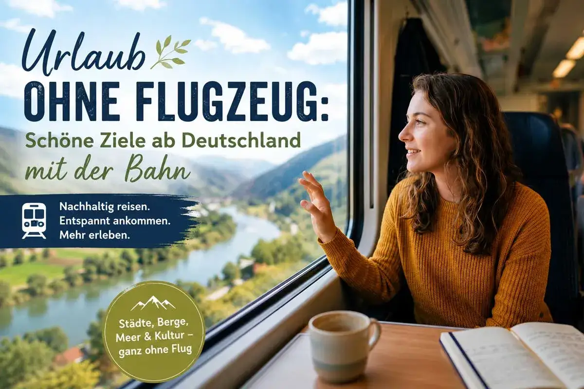 Frau genießt den Ausblick aus dem Zugfenster auf eine Flusslandschaft. Perfekt für einen Kurztrip mit Zug, um Deutschland nachhaltig zu entdecken.